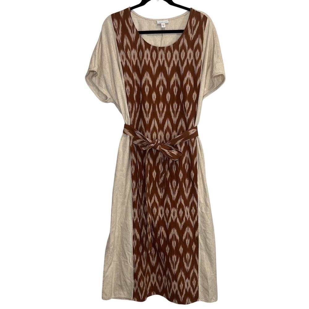 J Jill Ikat Print Midi Dress Size XL Beige Linen-Cotton Blend Tie Belt Coastal